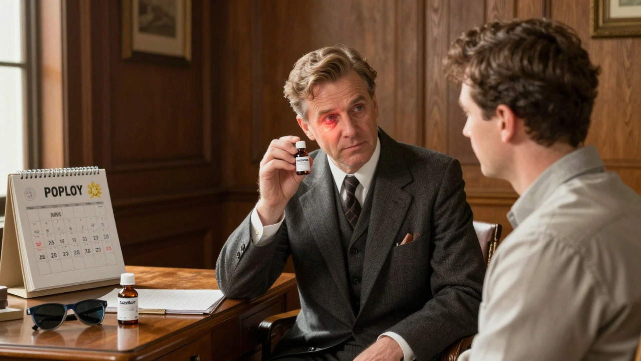 Doctor and patient in office with eye drop vial and allergy tools, elegant lighting