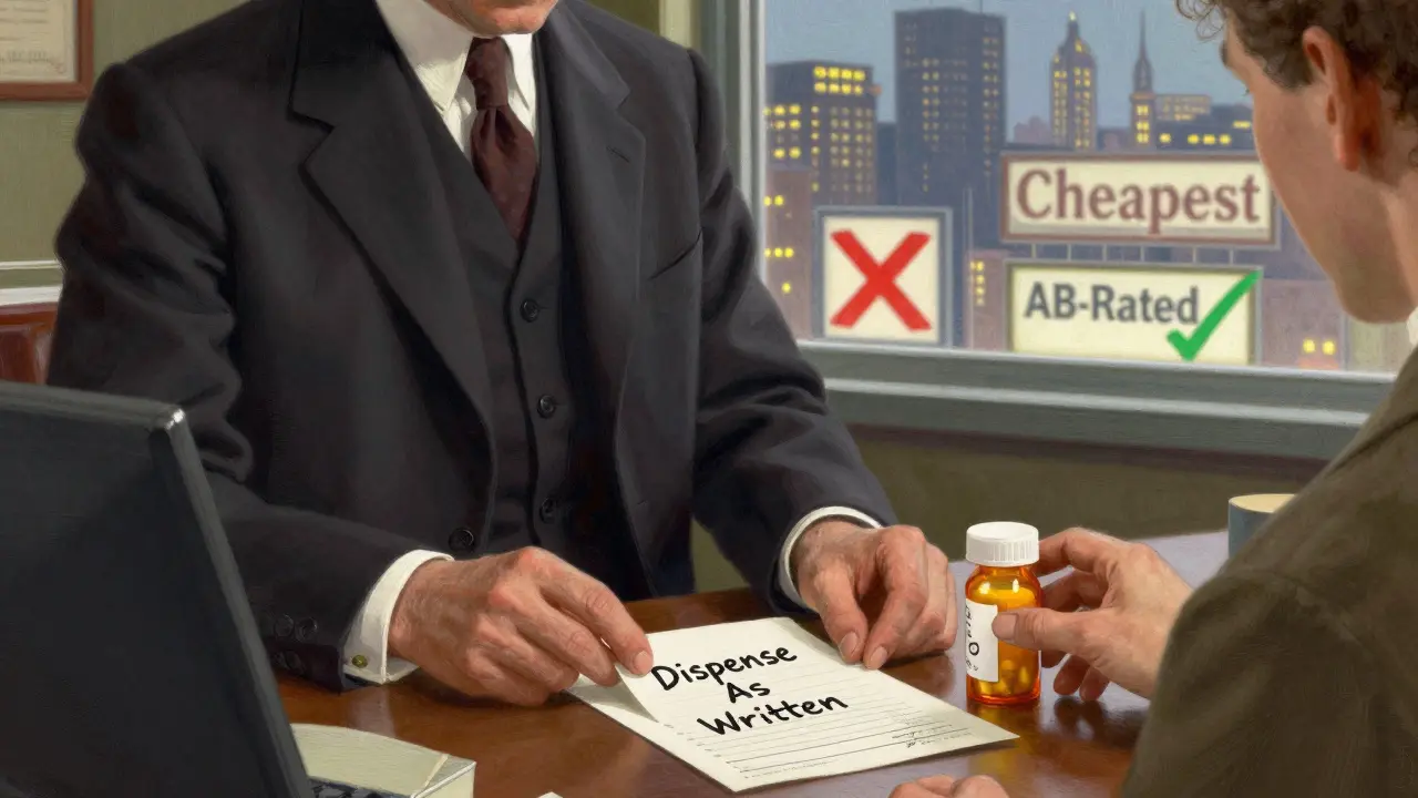 Doctor writing 'Dispense As Written' note while patient reaches for trusted pill bottle