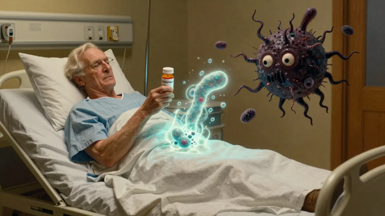 Elderly patient with glowing good bacteria repelling C. diff monster.