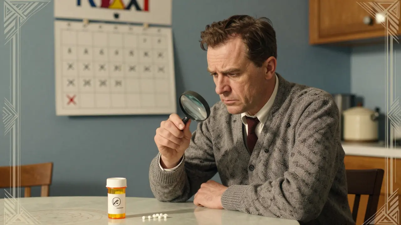 Man examining pill imprint with magnifying glass beside another bottle on kitchen table