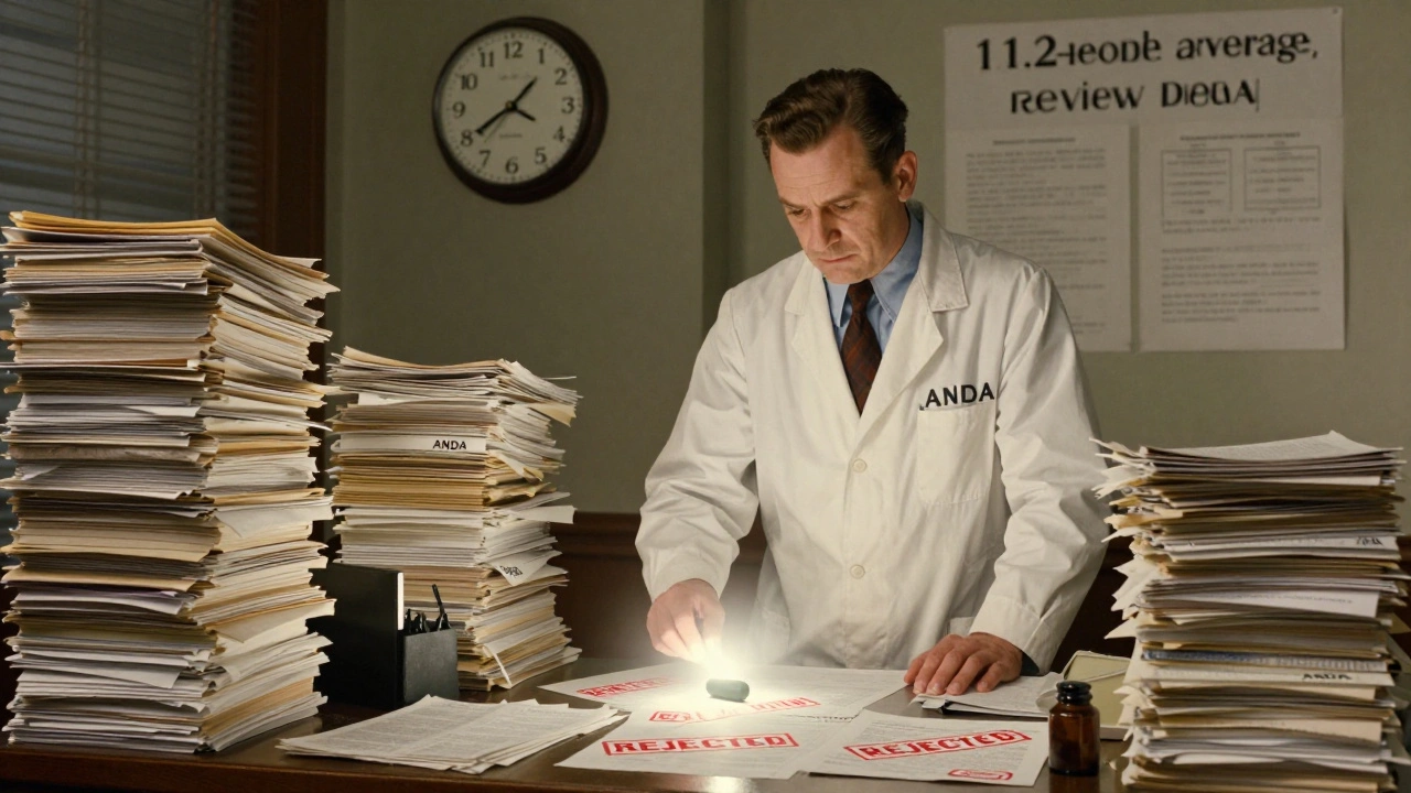 Manufacturer faces towering paperwork and rejection stamps, with a single tablet glowing on a cluttered desk.