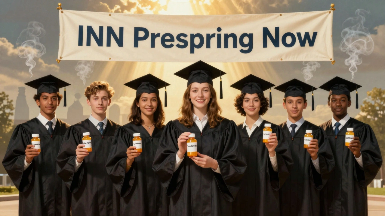 Medical graduates holding generic drug names under a banner of INN prescribing reform.