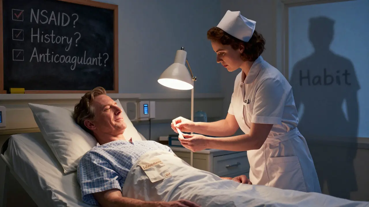 Nurse checks stool sample in hospital as a checklist on chalkboard shows risk factors, Leyendecker style.