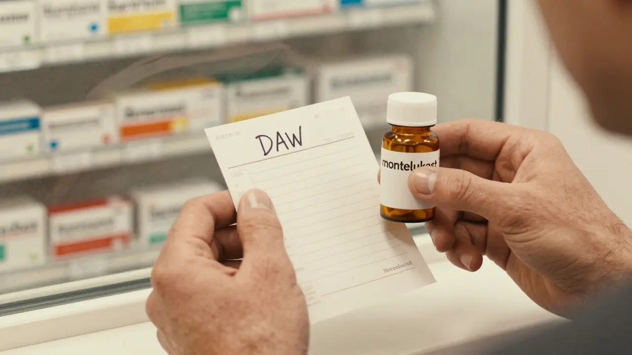 Patient's hands holding prescription with 'DAW' and plain pill bottle, soft background blur.