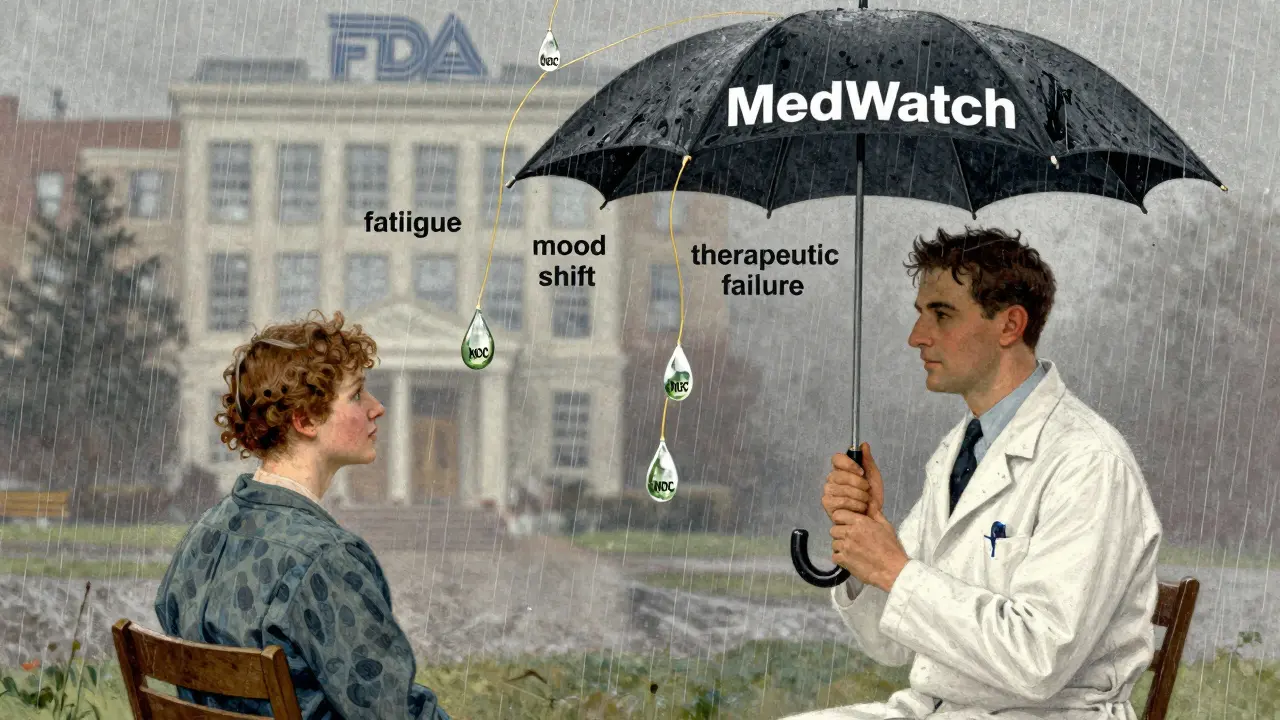 Patient and doctor under MedWatch umbrella as symbolic pills with NDC codes fall around them.