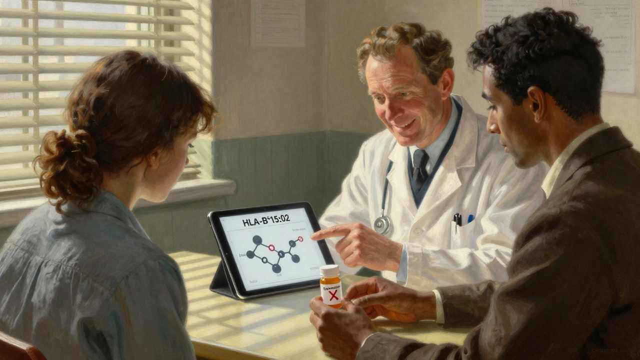 Patient getting genetic test for SJS/TEN risk, doctor showing gene diagram, pill bottle with red X.