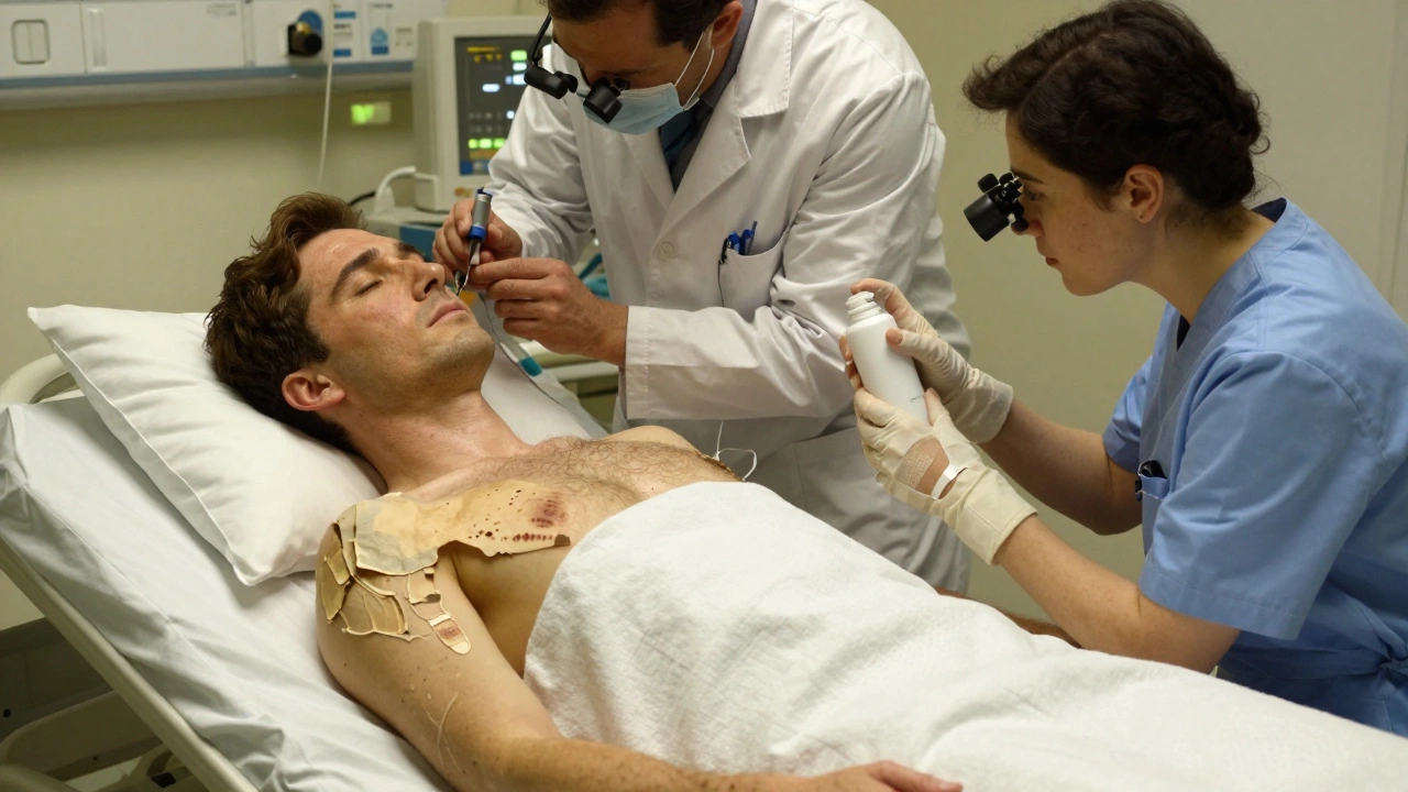 Patient in burn unit receiving gentle wound care, ophthalmologist examining eyes, sterile environment.