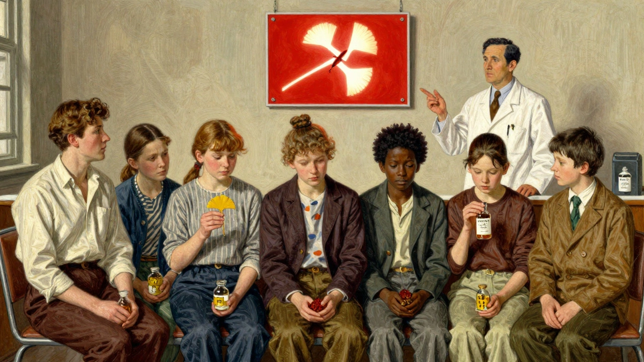 Patients in a clinic holding herbal supplements while a glowing red warning sign looms above them.