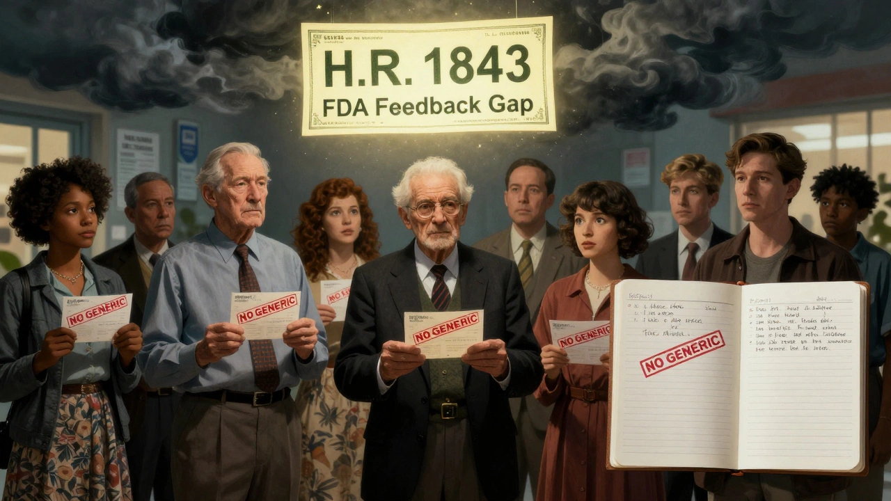 Patients line up with rejected prescriptions, while a glowing bill breaks through dark clouds above them.