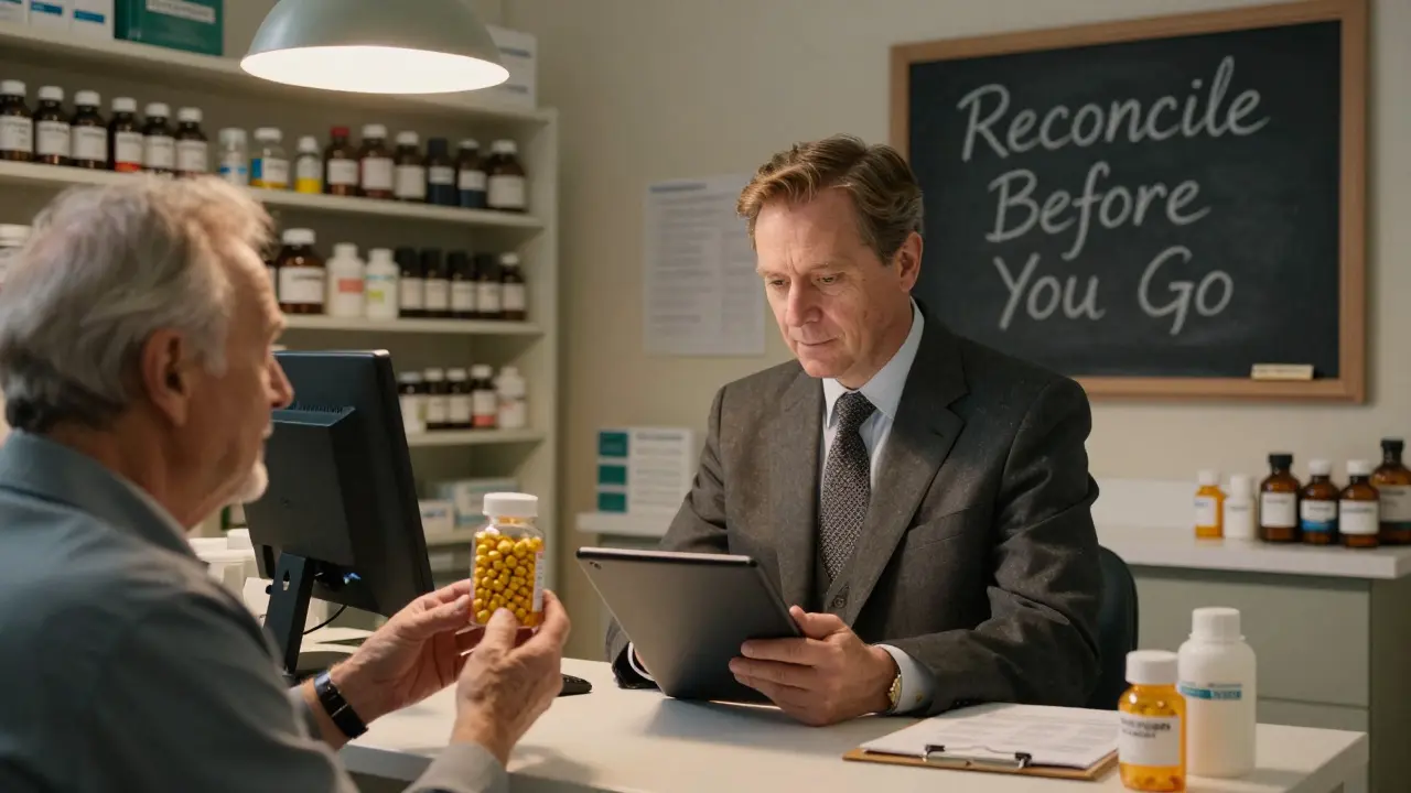 Pharmacist reviewing meds with patient holding supplements, warm pharmacy setting at dusk.