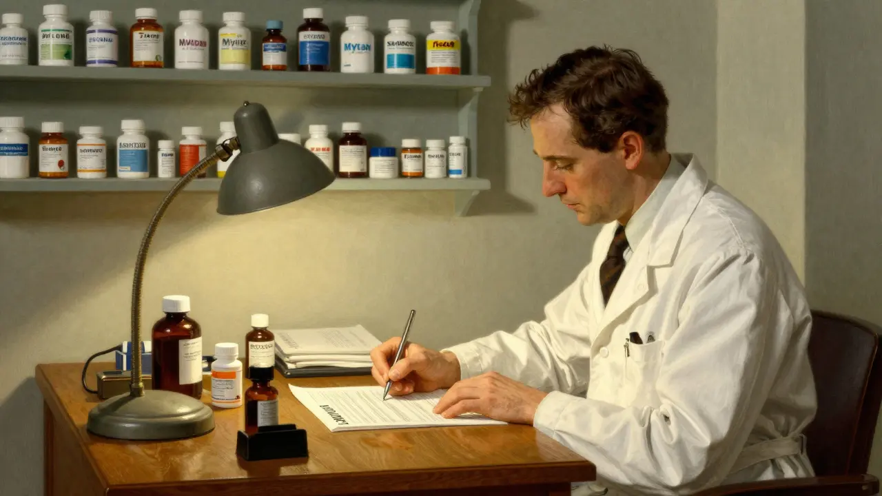 Pharmacist writing NDC code on a MedWatch form, surrounded by generic pill bottles.