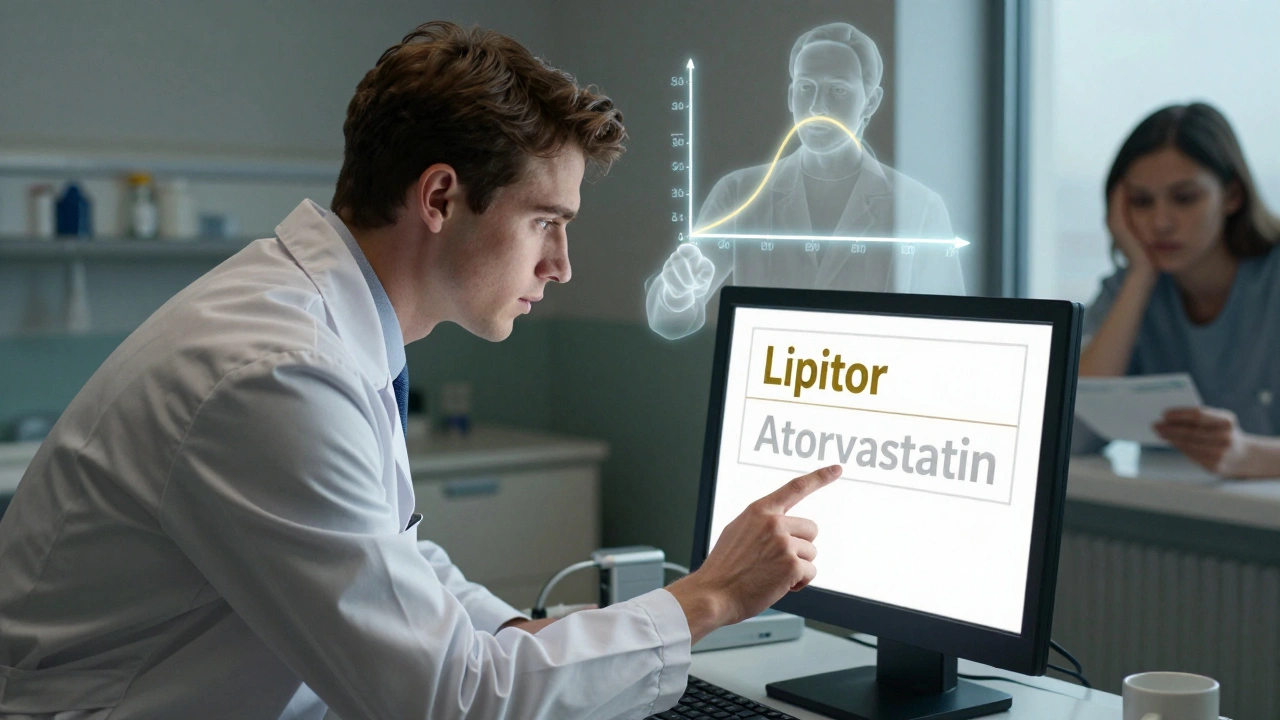 Resident hesitating between brand and generic drug options with pharmacist guiding them.