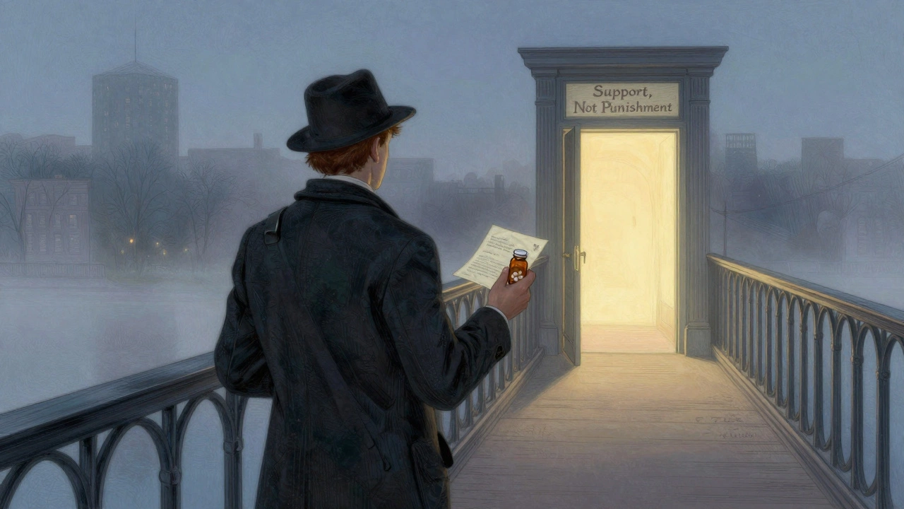Solitary figure on bridge at dawn holding medication and letter, path leading to glowing doorway of support.