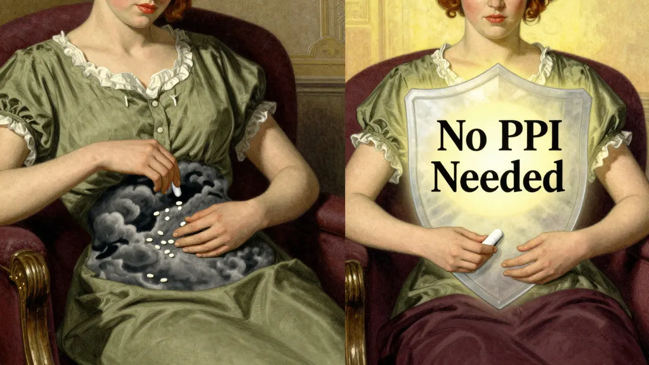 Split scene: patient on steroids alone under sunlight vs. with NSAIDs under storm clouds, Leyendecker style.