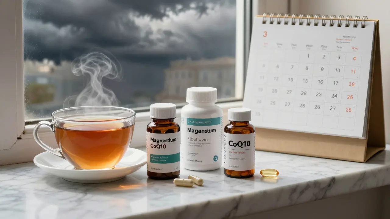 Supplements and a symptom log on a windowsill, illuminated by warm lamplight.