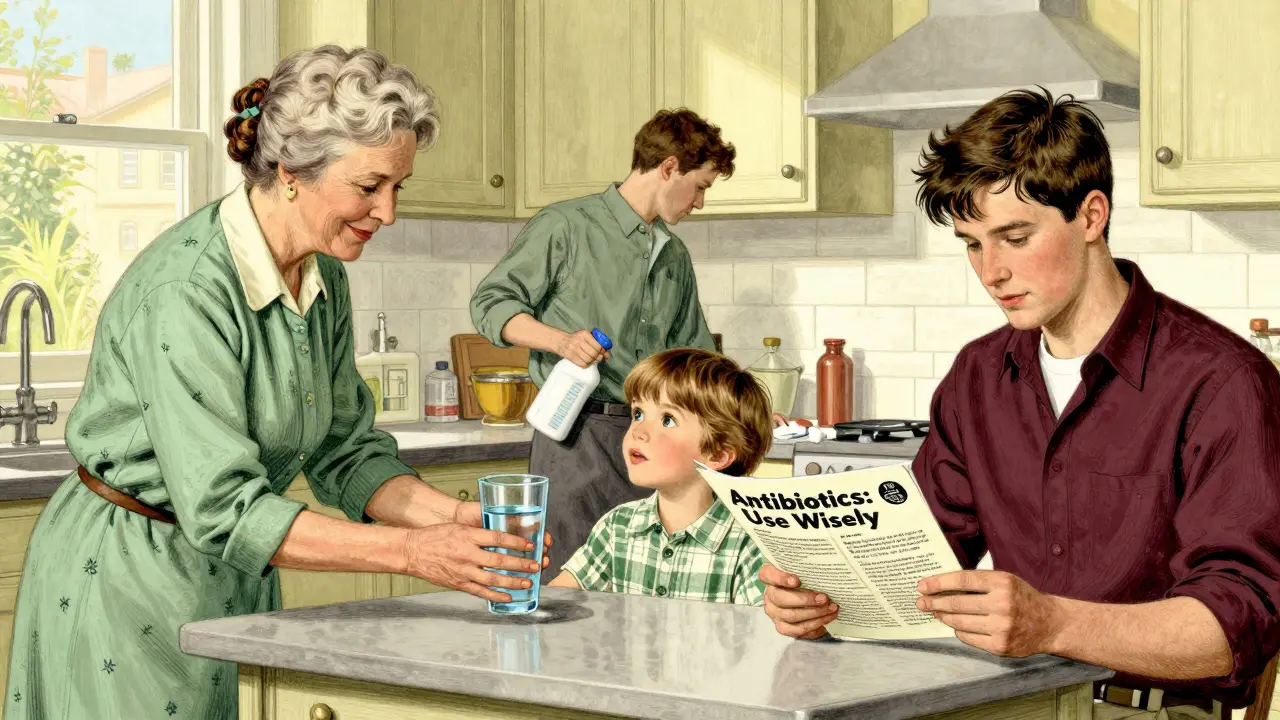 Three generations in kitchen practicing C. diff prevention together.