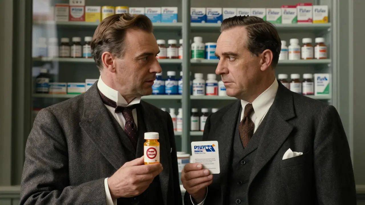 Two men side by side, one with branded pill bottle, one with plain version, in elegant 1920s style.