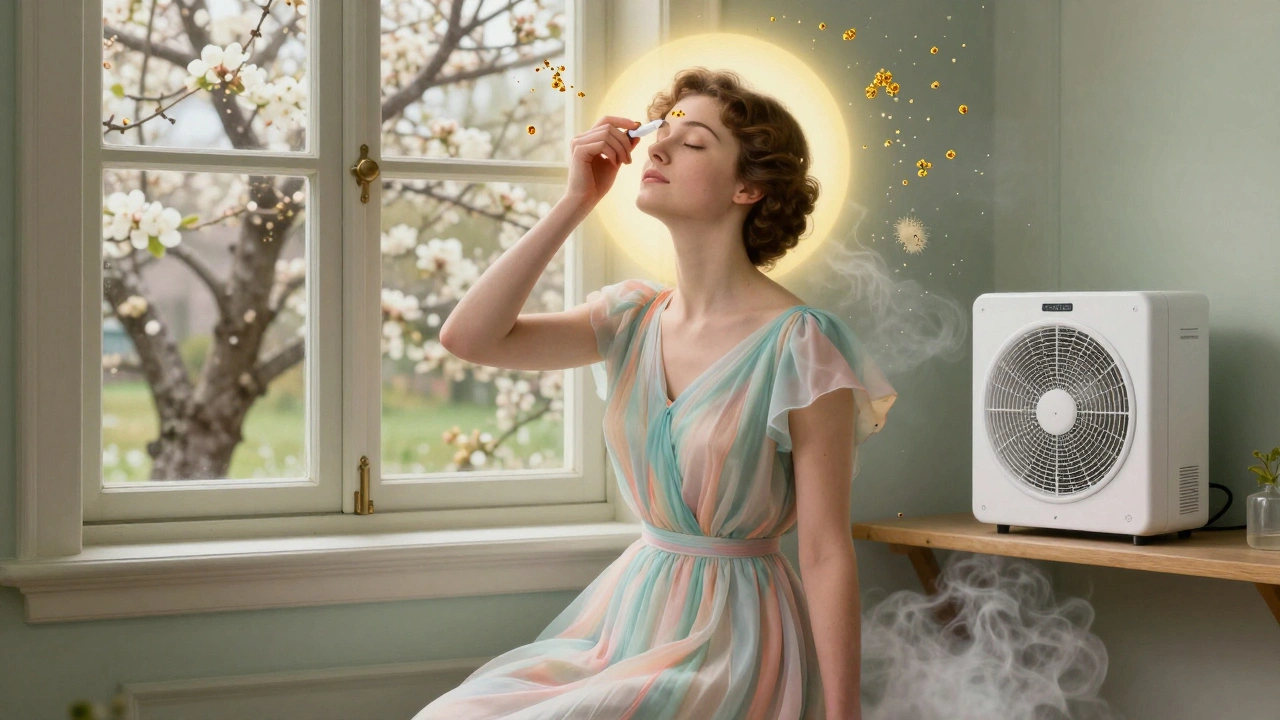 Woman applying eye drops with pollen dissolving around her, soft pastel tones