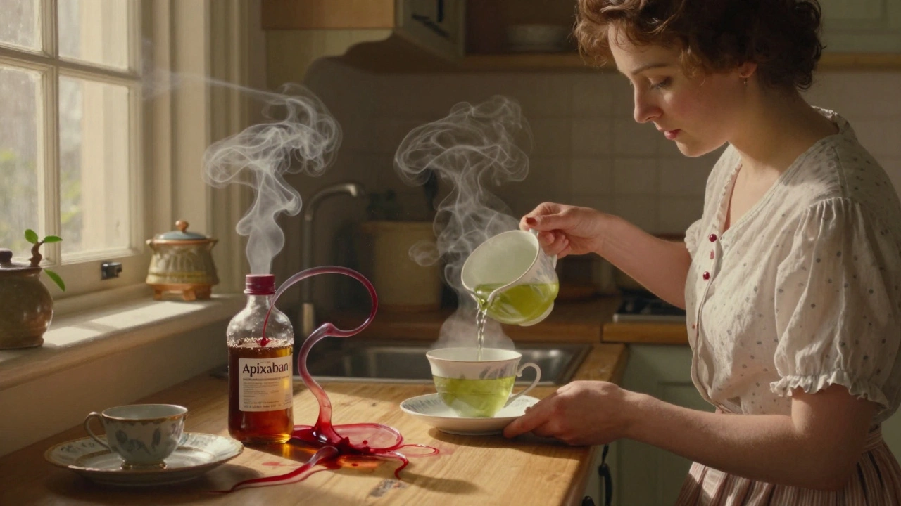 Woman drinking green tea as blood-like tendrils rise from the steam toward her blood thinner bottle.