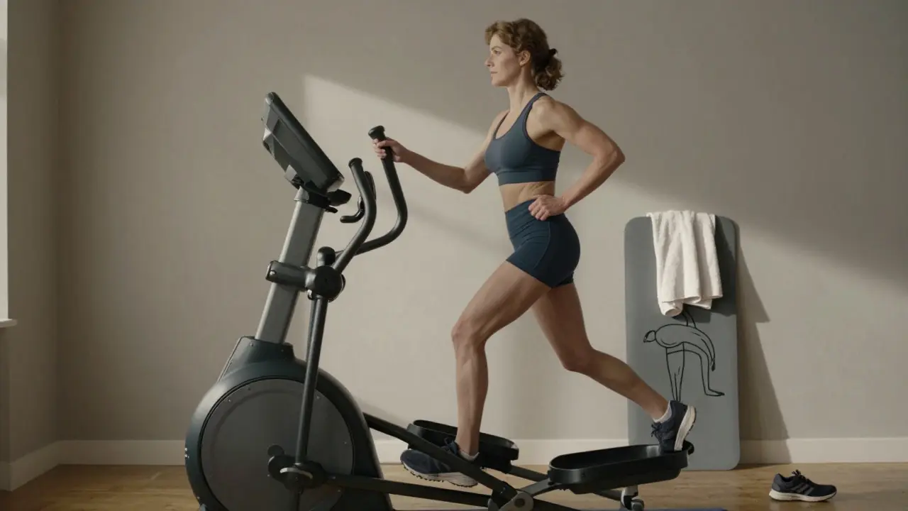 Woman exercising on an elliptical machine, avoiding deep squats and twisting motions.