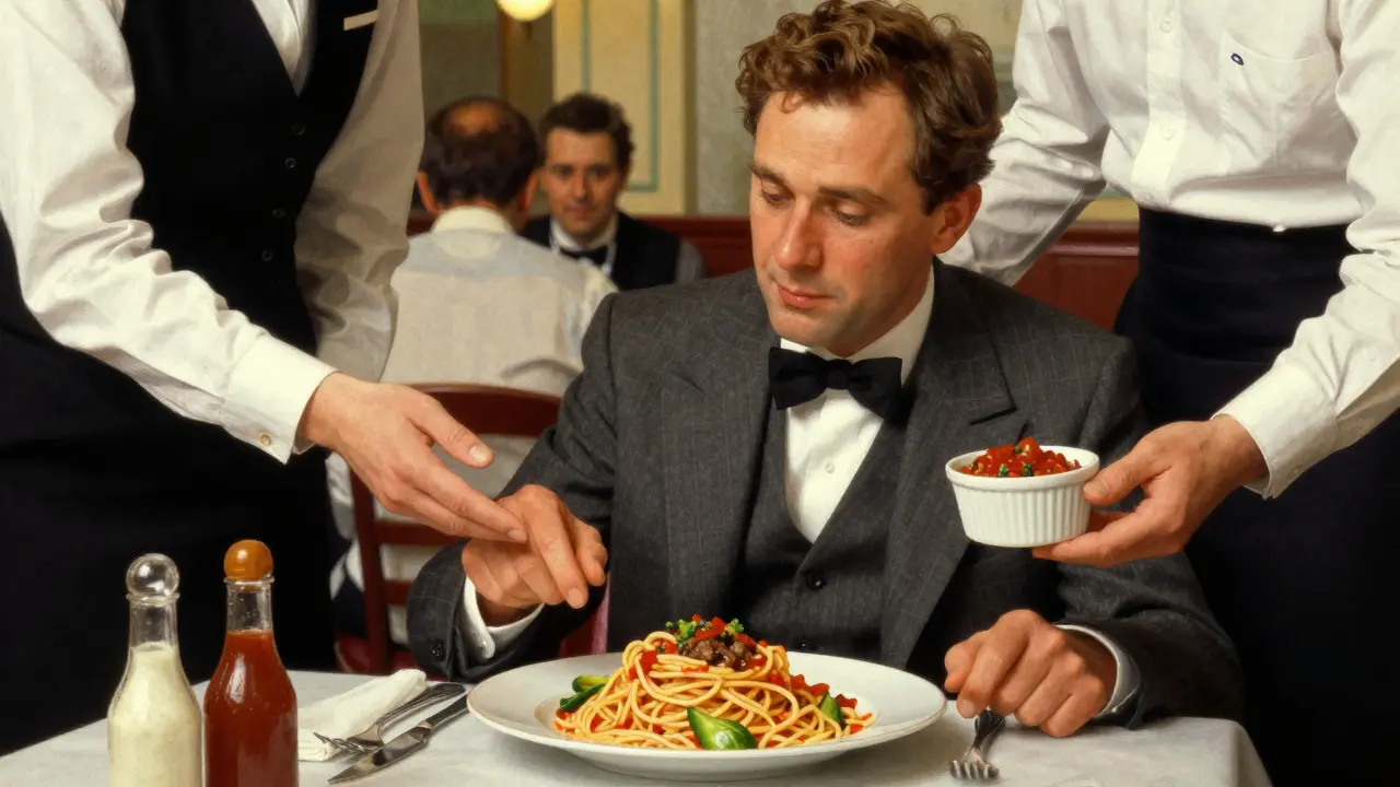 A diner asking for sauce on the side at an Italian restaurant with a modest pasta portion.