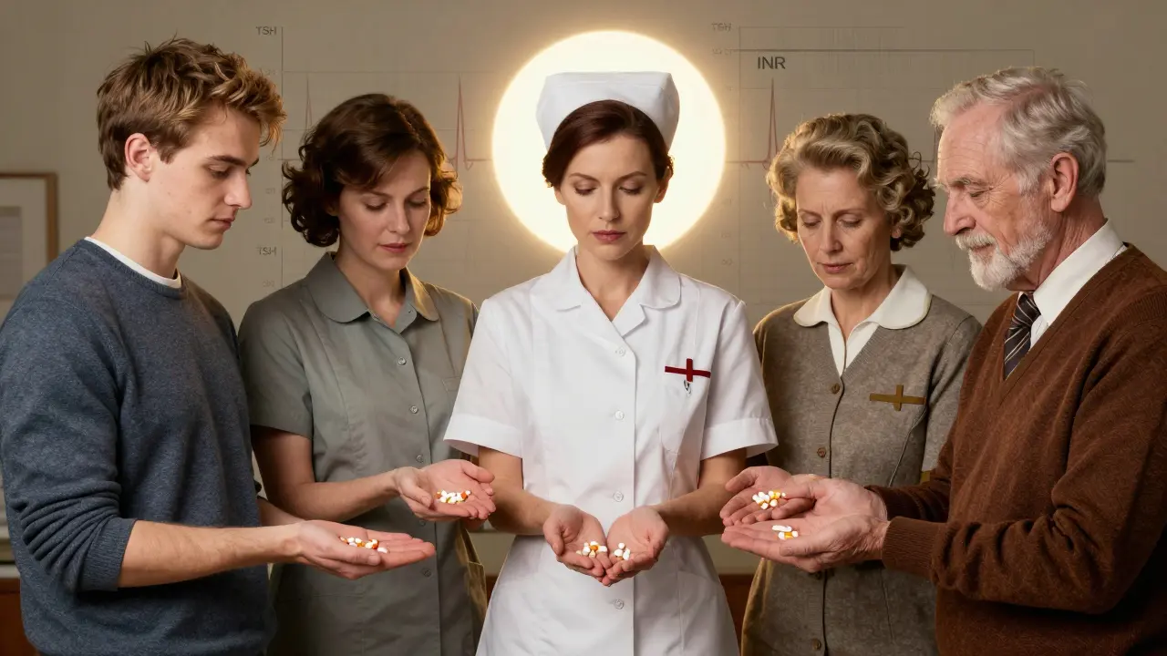 A diverse group of patients holding identical pills under a shared halo of light, with medical graphs fading behind.