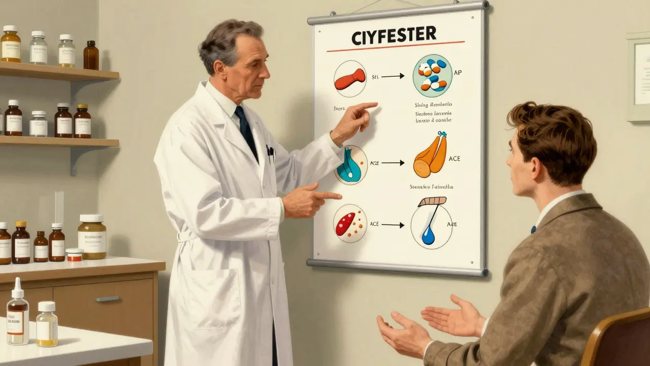 A doctor and pharmacist explaining medication side effects using a detailed illustrated chart in a clinic.