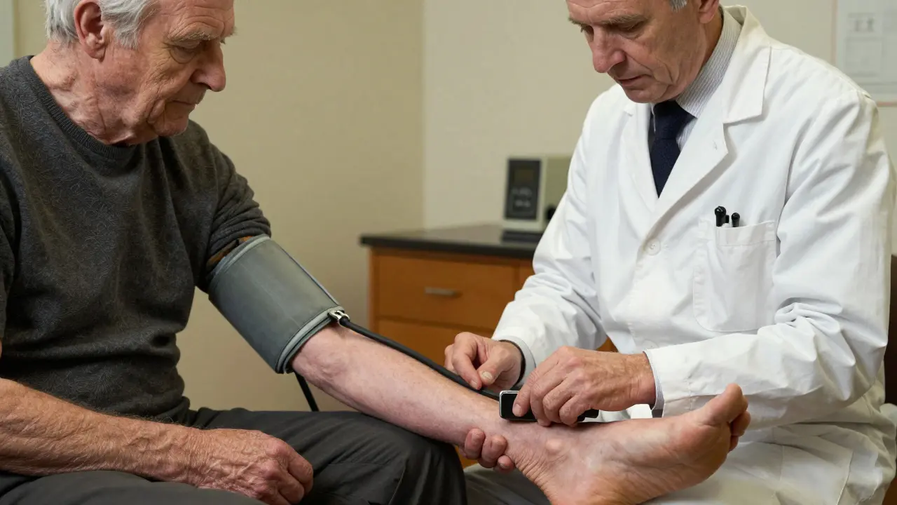 A doctor measuring blood pressure in a patient's ankle and arm during a PAD screening.