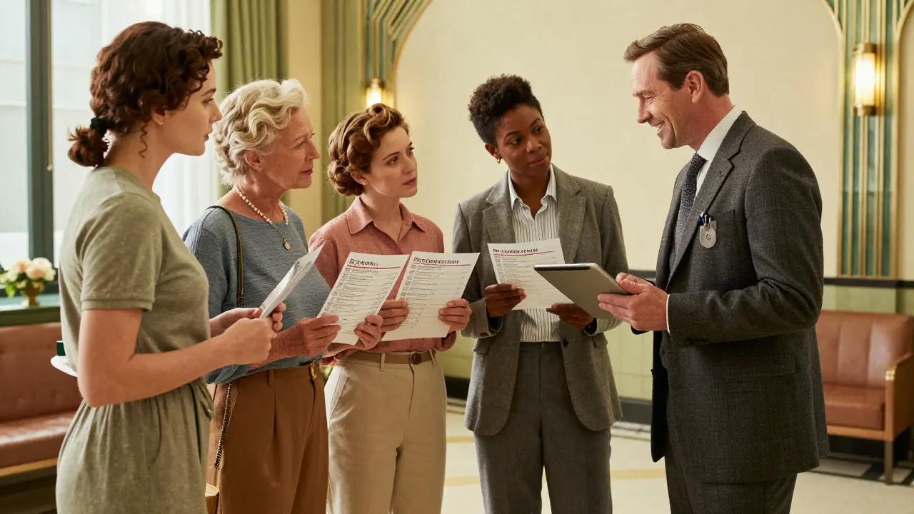 A doctor reviewing medication lists with patients in a warmly lit clinic waiting area.