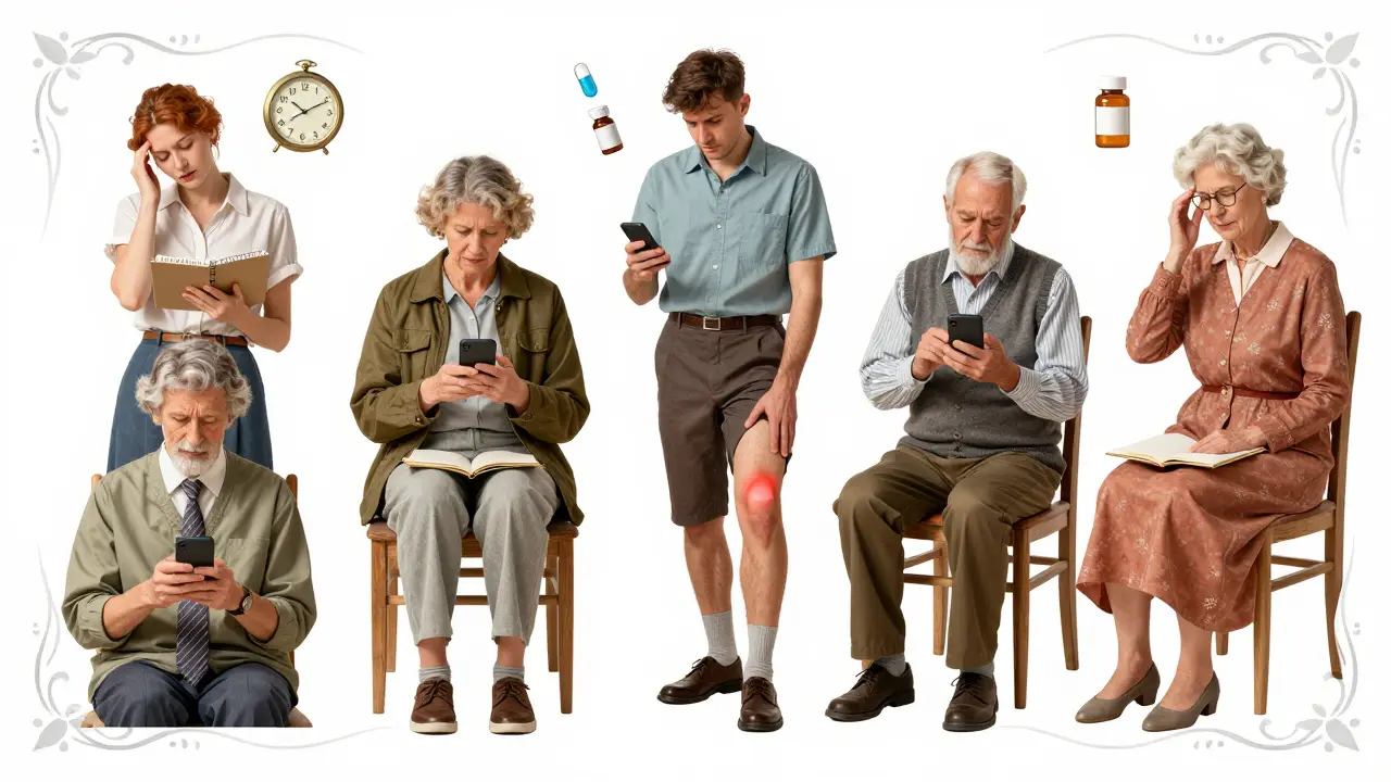 A group of diverse individuals logging symptoms, with visual icons representing common drug side effects above them.