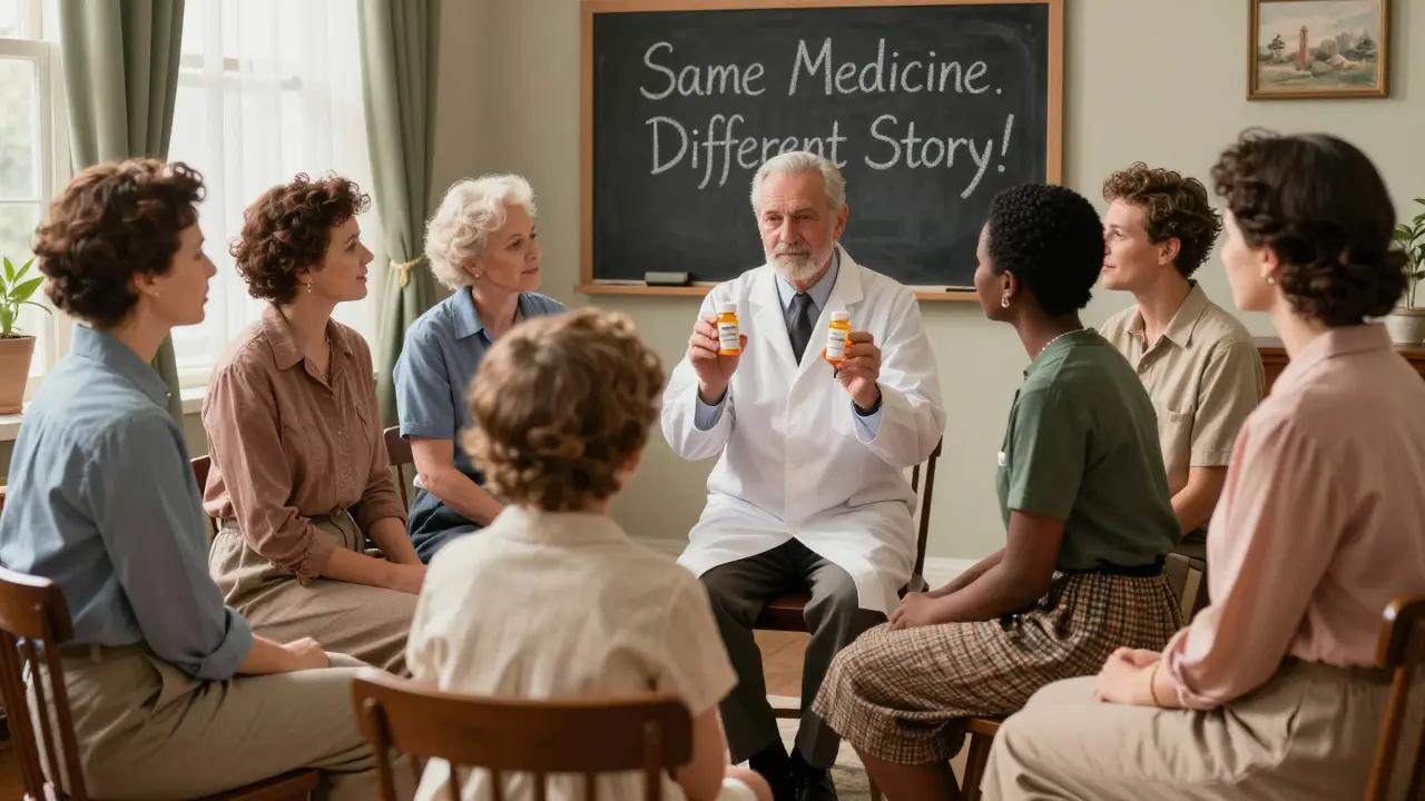 A group of patients listens as a doctor holds two identical pill bottles, highlighting that the medicine is the same despite different labels.