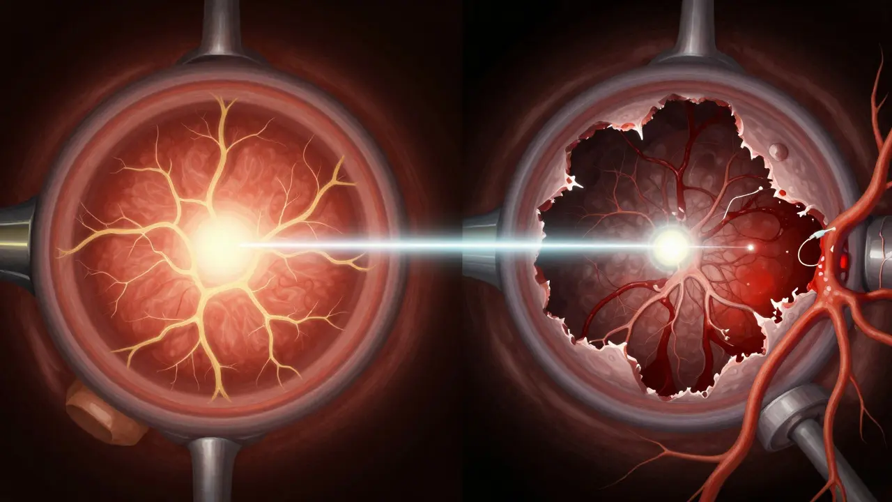 A healthy retina contrasts with a damaged one as a laser beam seals abnormal vessels in golden detail.