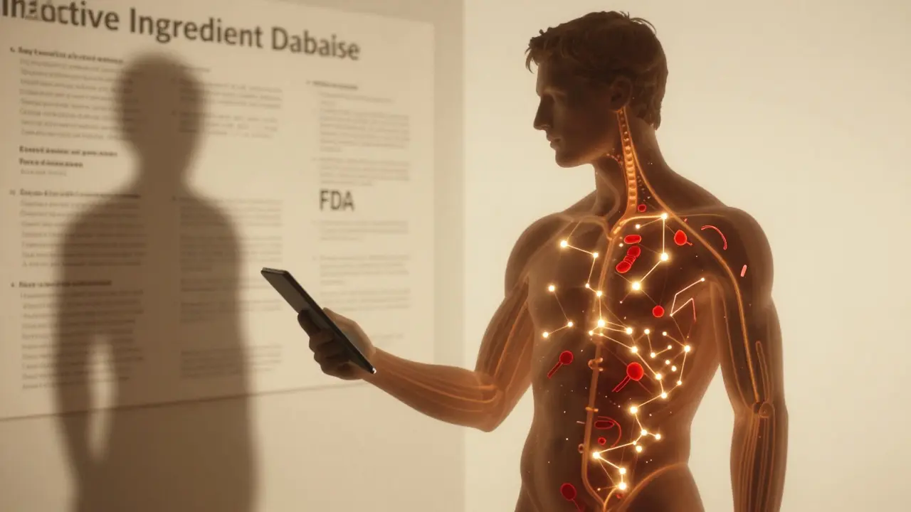 A human silhouette with glowing protein bindings inside the body, watched by an FDA figure amid an ingredient database.