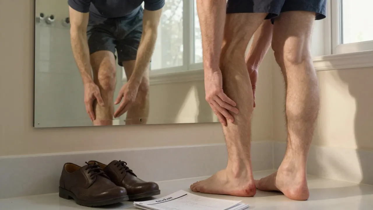 A man examining a non-healing sore on his foot under morning light, showing signs of PAD.