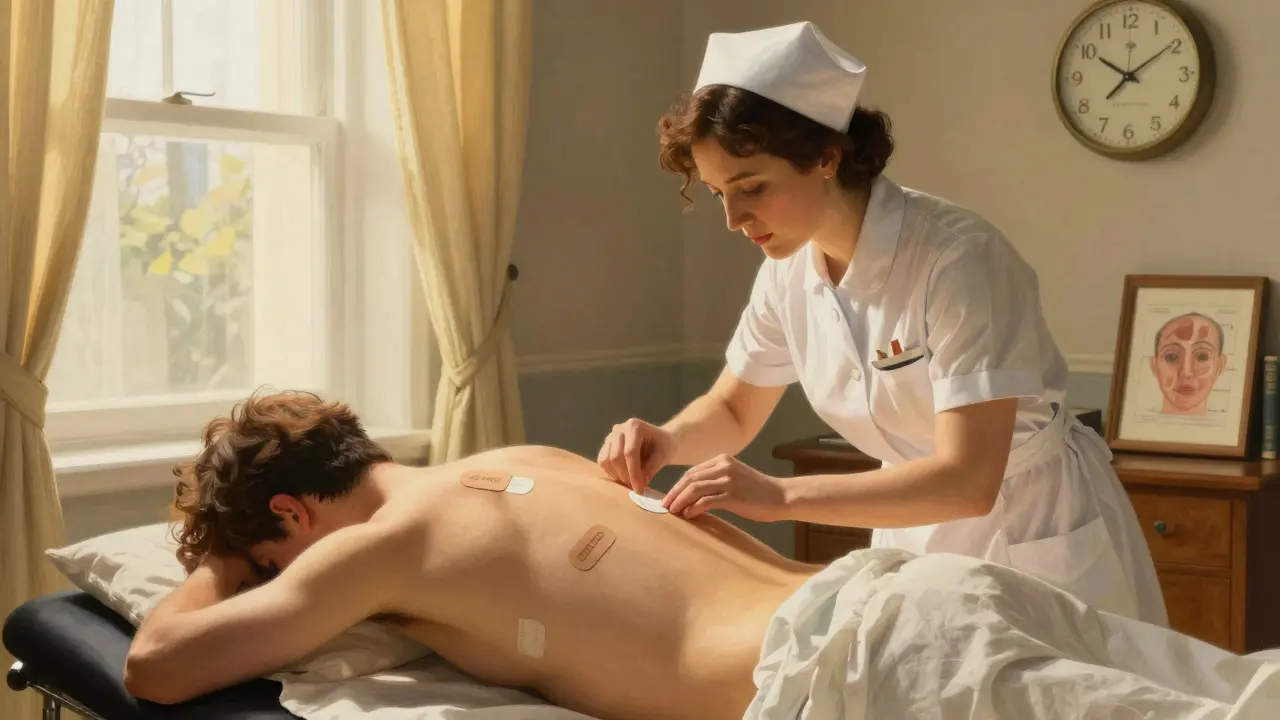 A nurse applies adhesive patches to a patient's back for a delayed allergy test, with soft light streaming through a window.