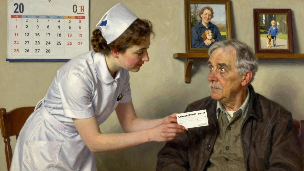 A nurse hands a patient a prescription labeled 'Lisinopril (Prinivil) - generic' as they share a moment of quiet understanding.