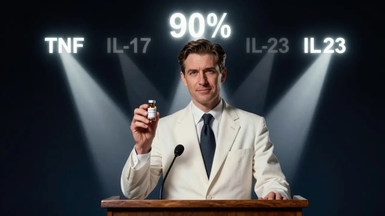 A patient holds a pill vial as glowing immune pathways radiate behind him, symbolizing modern psoriasis treatment advances.