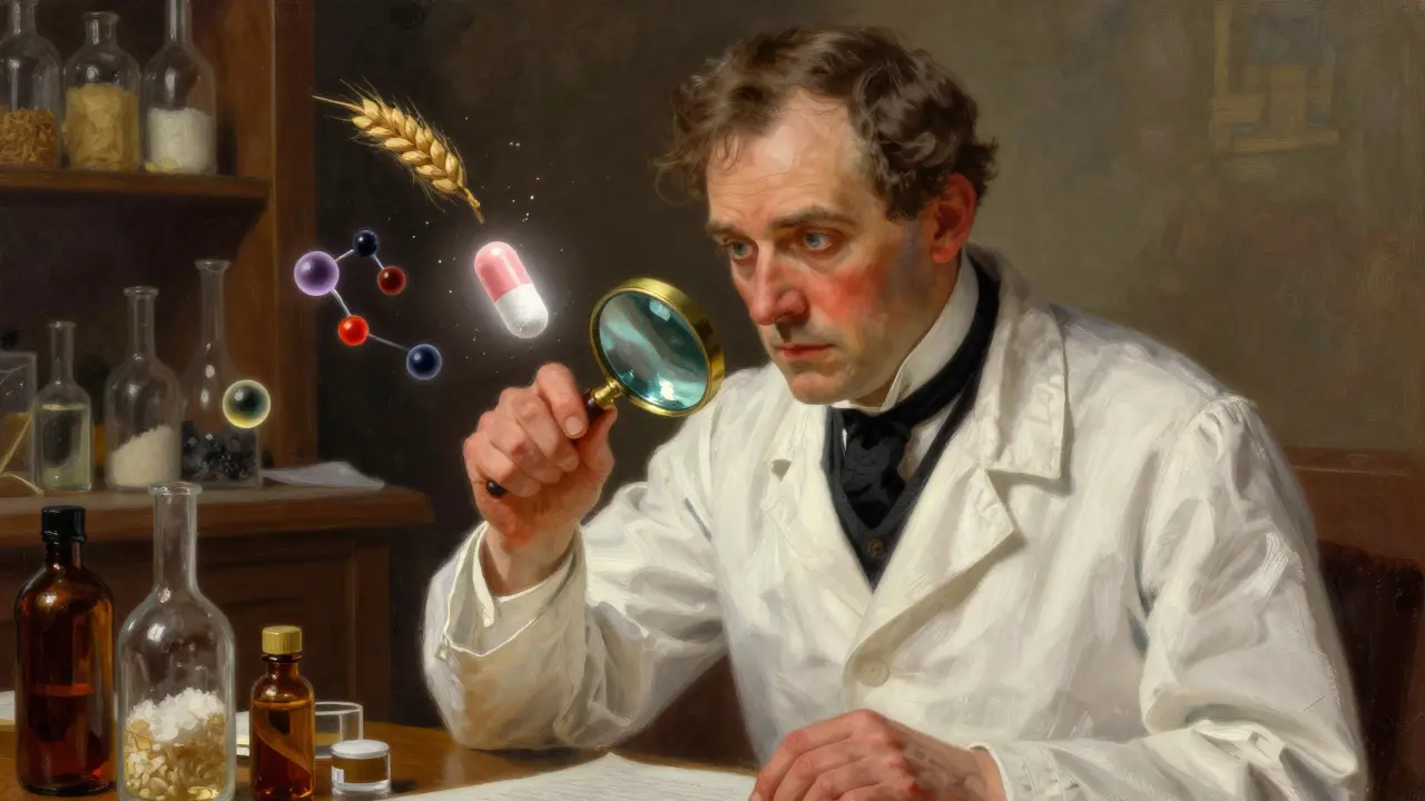 A pharmacist examining two pills under a magnifying glass, one causing an allergic reaction, the other clean and safe.