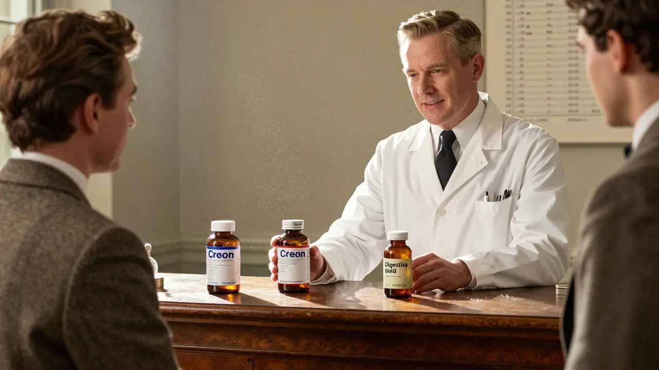 A pharmacist presents prescription and OTC enzyme bottles to a patient, with a medical chart visible in the background.
