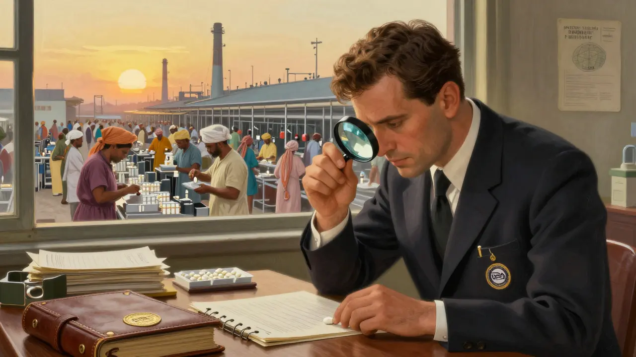 A U.S. inspector examines a pill while an overseas factory operates in the background, symbolizing global labor differences in drug production.
