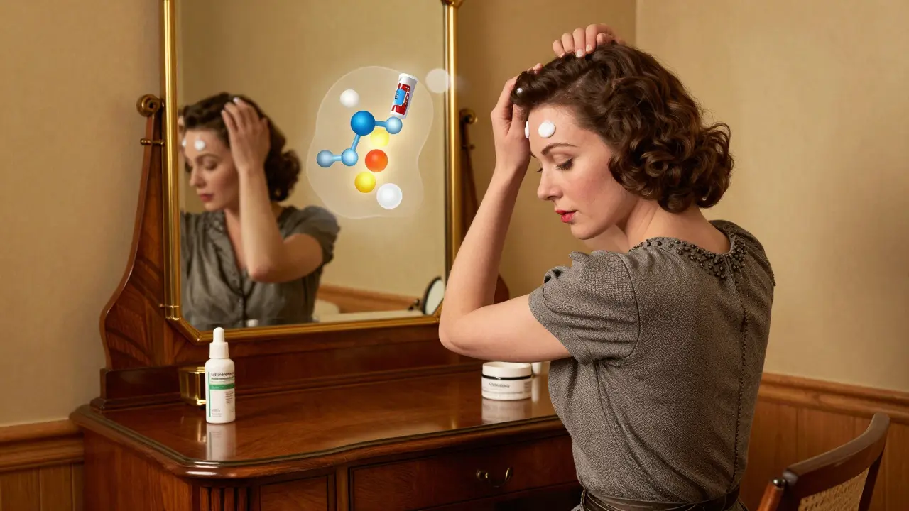 A woman applies topical cream to her scalp, with molecular illustrations floating gently in warm morning light.