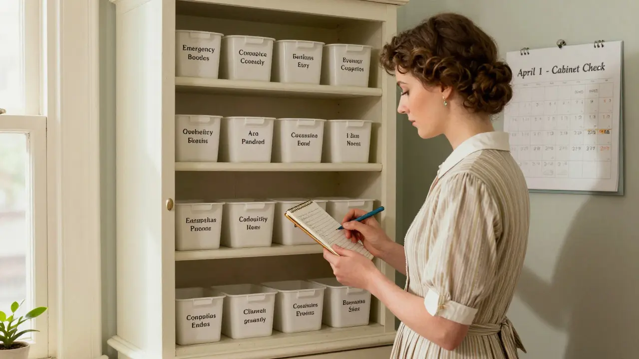 A woman checking a notebook while standing before a labeled medicine cabinet.