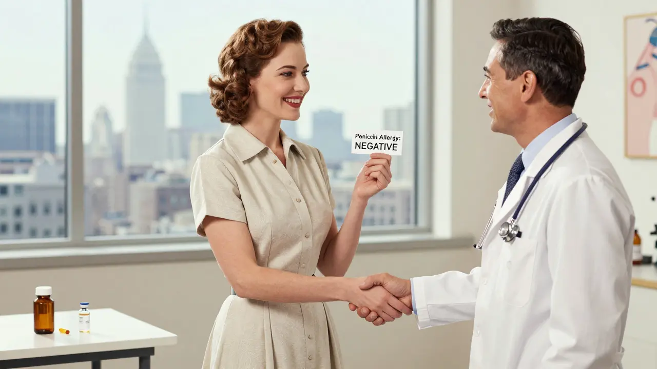 A woman holds a card confirming she is not allergic to penicillin, shaking hands with her doctor in a bright clinic.