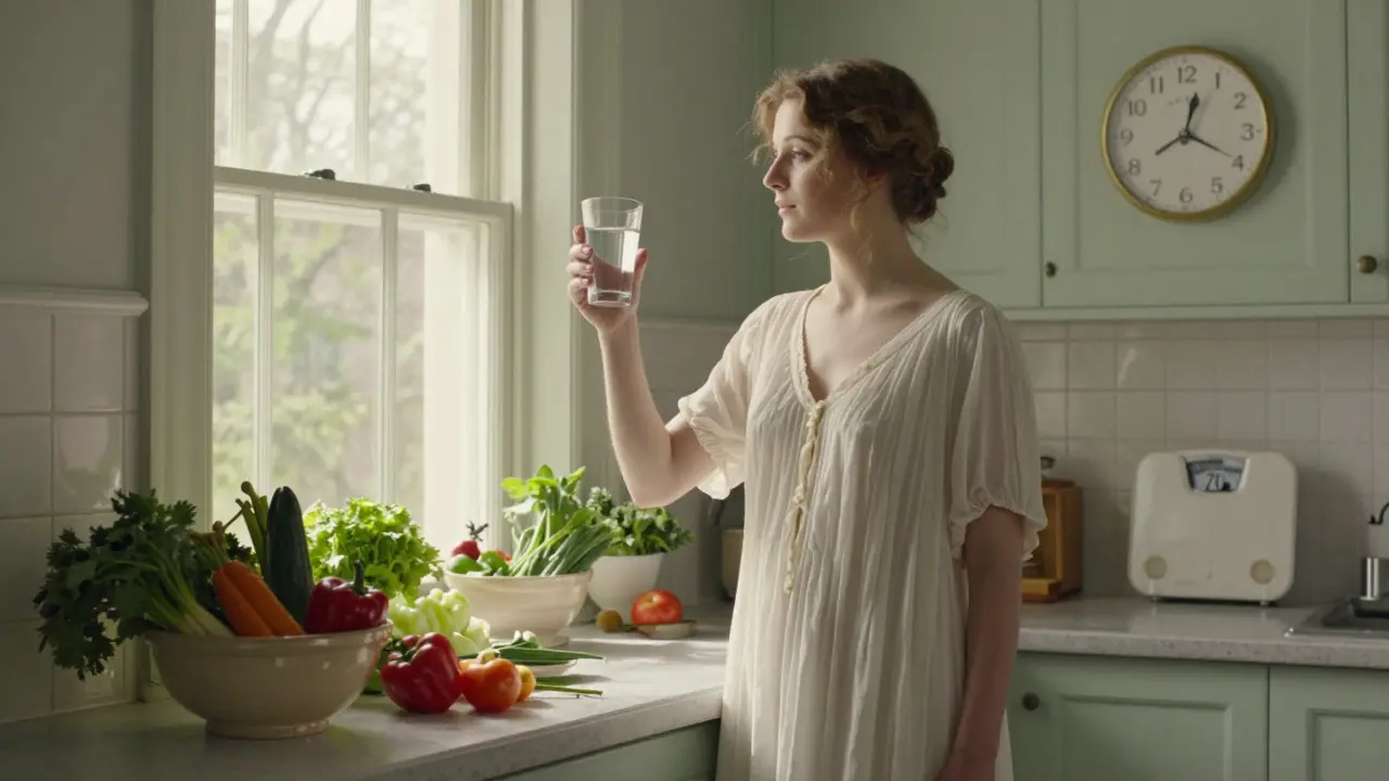 A woman measuring water intake in a sunlit kitchen, surrounded by fresh produce and symbols of balance.