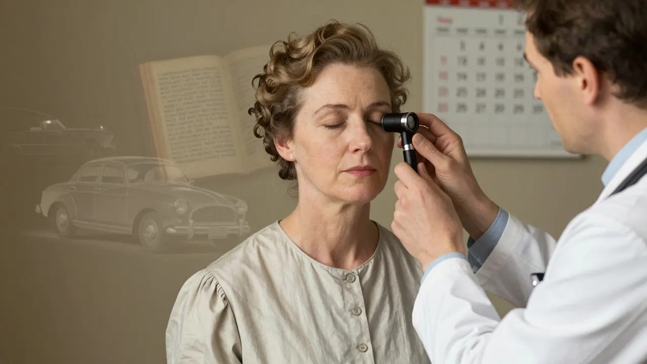 A woman receives an eye exam while ghostly images of lost vision float behind her, representing diabetic macular edema.