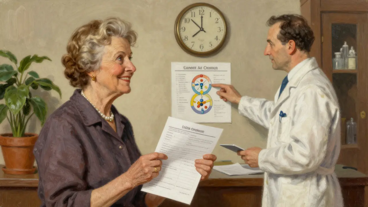 A woman receiving a clear medication plan from a pharmacist, with a chart showing drug interactions.