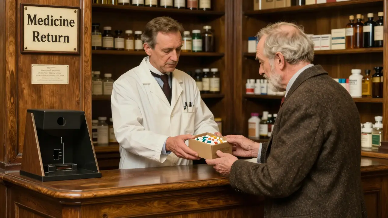 An elderly man handing expired medicines to a pharmacist at a pharmacy.