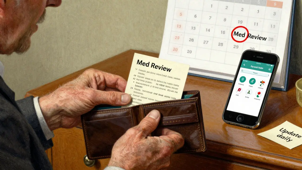 An elderly man placing his medication list in his wallet, with a smartphone showing a health app nearby.