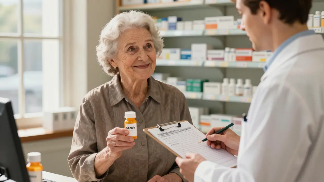 An elderly woman smiling as her pharmacist hands her a blood test result in a warm pharmacy setting.