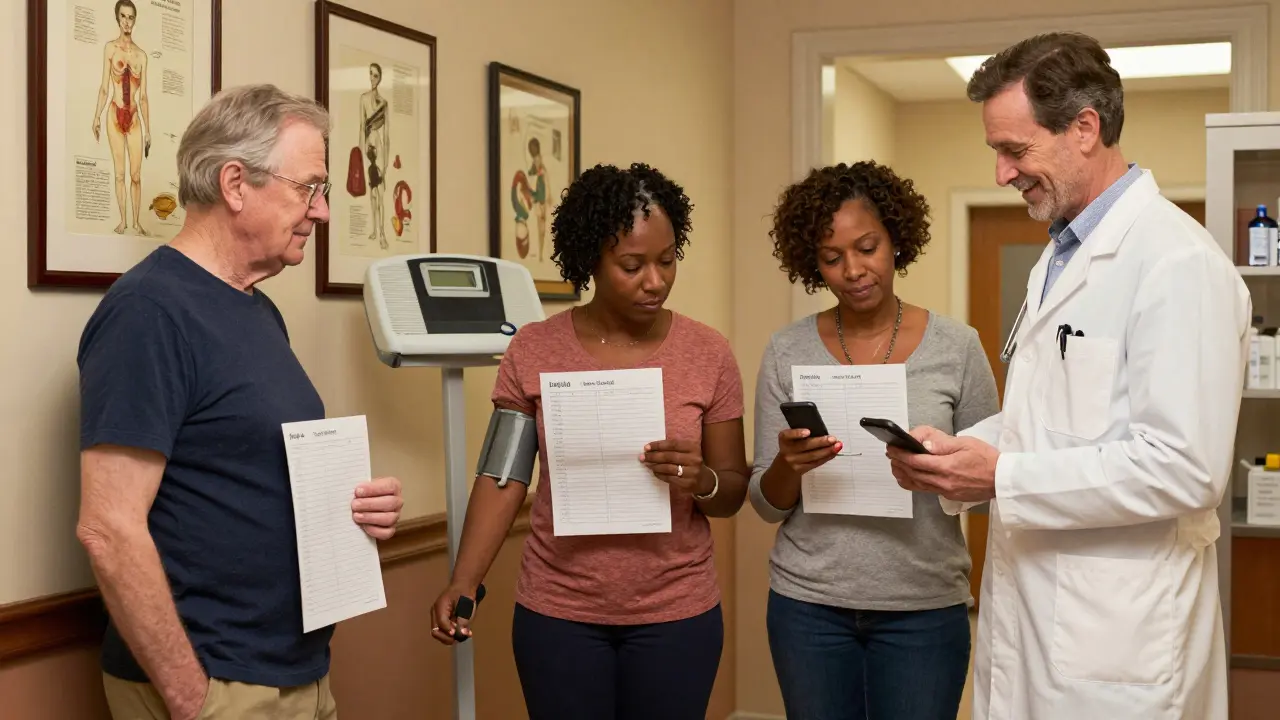 Diverse patients keep daily health logs while a pharmacist offers guidance in a warmly lit hallway.